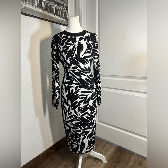 Modest modern bodycon leaf print white and black Maggy London women size 6 - Picture 13 of 16
